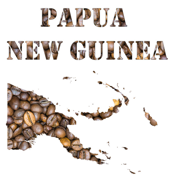 Papua New Guinea word and country map shaped with coffee beans background - Photo, Image