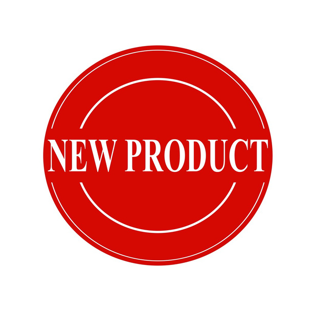 neues Produkt weißer Stempeltext auf Kreis auf rotem Hintergrund  - Foto, Bild