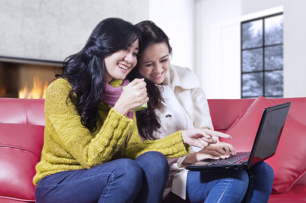 Deux jolies femmes utilisant un ordinateur portable à la maison
 - Photo, image