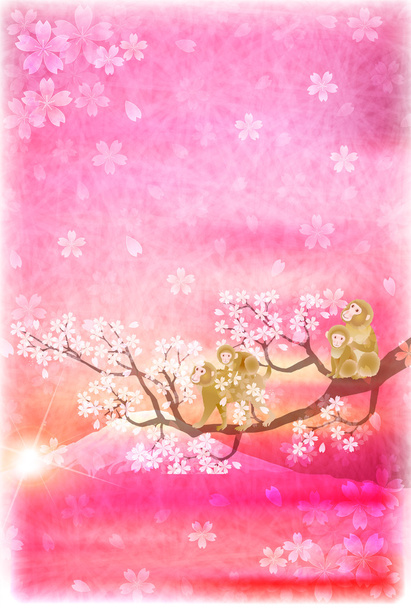 Monkey Fuji cherry tree New Year's card - Vector, Image