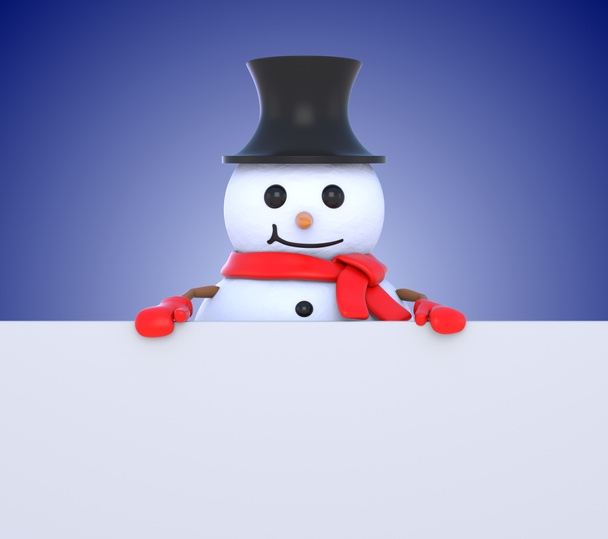 Kleine sneeuwpop achter wit bord - Foto, afbeelding