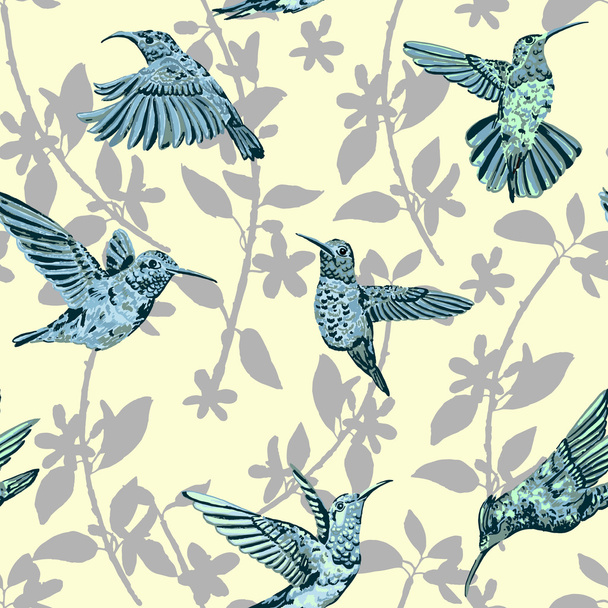 Hummingbird seamless pattern. Hand drawn tropical exotic colorful background. - Vector, Image
