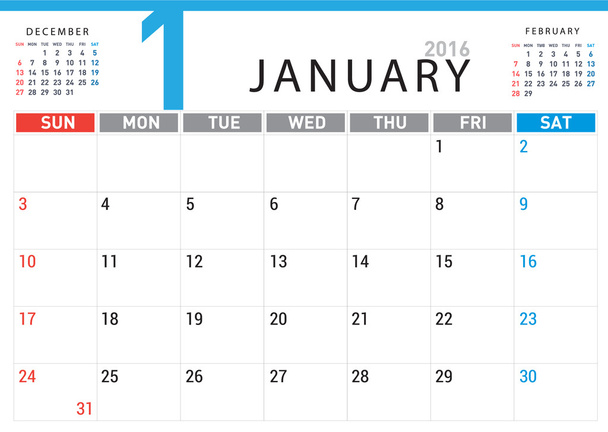 tervezési naptár 2016. január - Vektor, kép