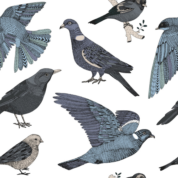 vector hand drawn seamless pattern with city birds  - Vektör, Görsel