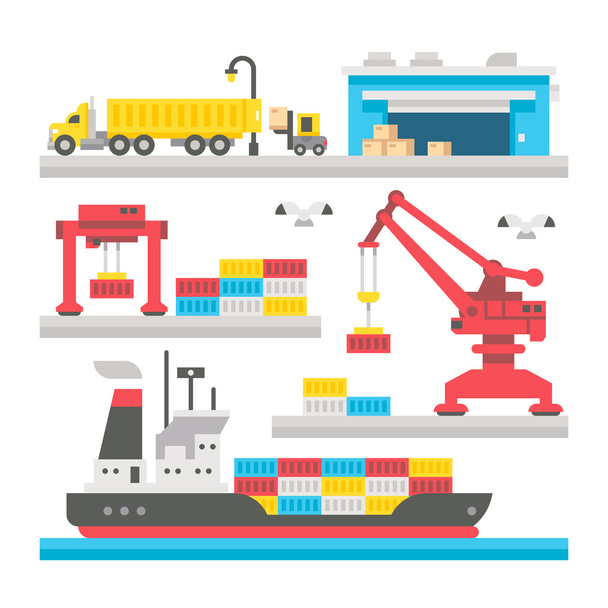 Flat design cargo port equipment - Vector, Image