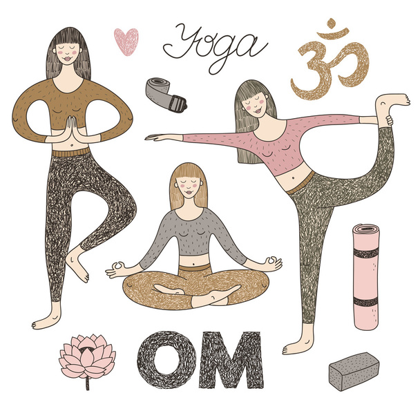vector hand drawn set with cute girls doing yoga - Vector, afbeelding