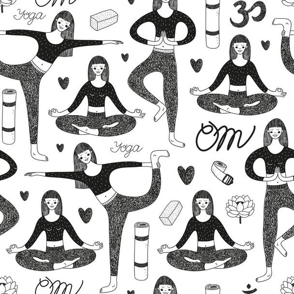 vector patrón sin costuras con chicas lindas haciendo yoga
 - Vector, Imagen
