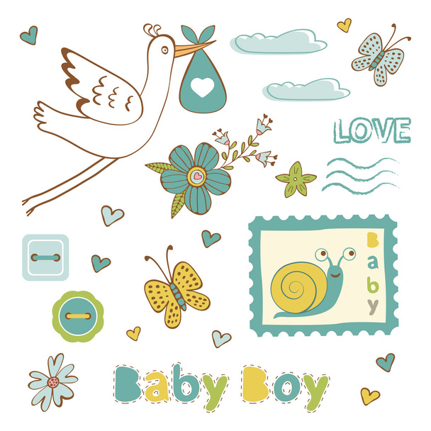 Színes gyűjteménye baby boy bejelentés grafikai elemek - Vektor, kép