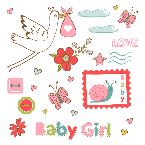Barevná kolekce baby girlannouncement grafických prvků - Vektor, obrázek