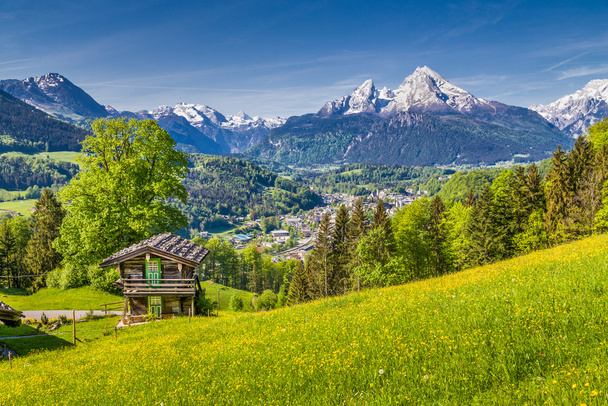Paisaje idílico de primavera en los Alpes con chalet de montaña tradicional
 - Foto, imagen
