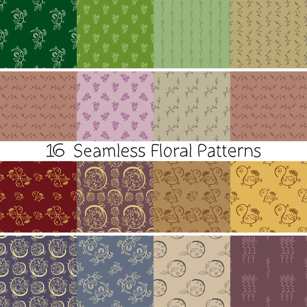 Hand Drawn Floral Seamless Pattern Set - Vector, Image