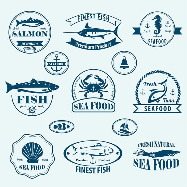 conjunto retro de emblemas y etiquetas de mariscos - Vector, Imagen