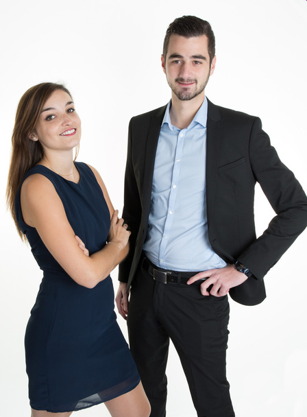 Young smiling business woman and business man isolated over white background.  - Photo, Image