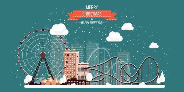 Vector illustration. Ferris wheel. Winter carnival. Christmas, new year. Park with snow. - Vector, Image