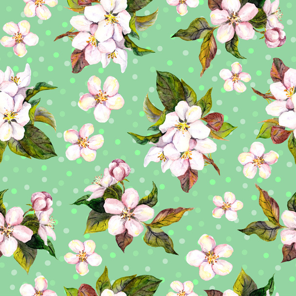 Seamless floral template with watercolour painted cherry tree flowers on green background with peas - Foto, Imagen