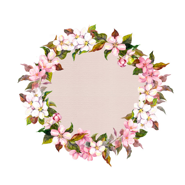 Border wreath with sakura flowers cherry, apple flower blossom. Watercolor card - Photo, image