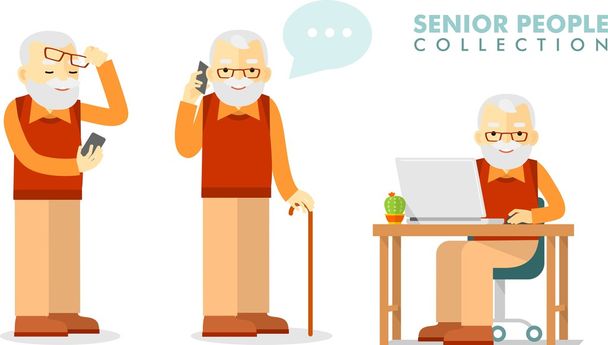 Koncepcja społecznej - stary człowiek przy użyciu komputera i telefonu komórkowego - Wektor, obraz