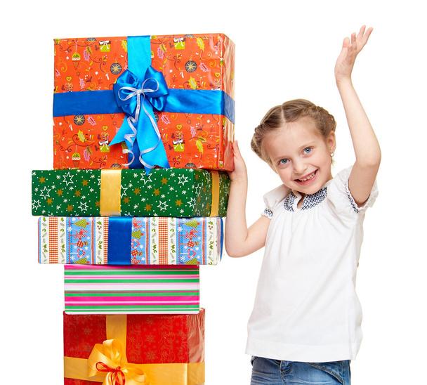 child with gift box - holiday object concept on white - Photo, Image