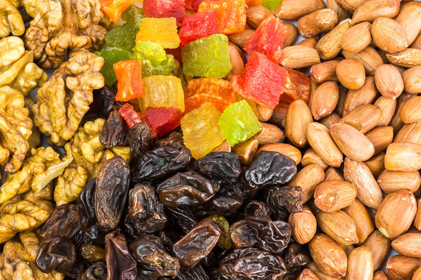 Mix of nuts and dry fruits, background, close-up - Photo, Image