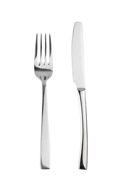 Gabel und Messer isoliert auf weiß, ohne Schatten - Foto, Bild