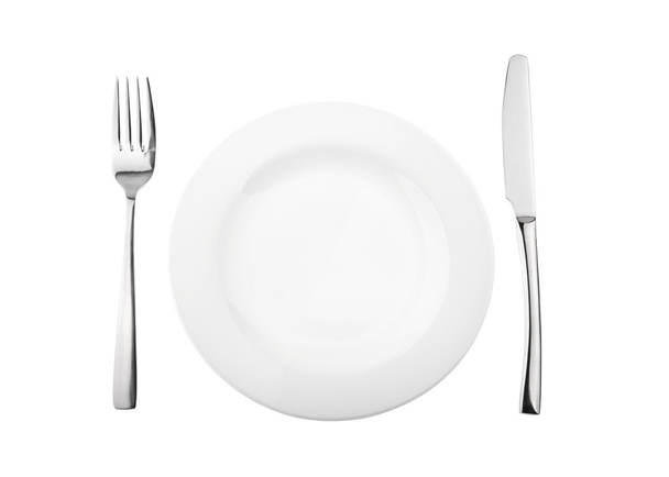 Empty plate, fork and knife isolated on white, without shadow - Фото, изображение