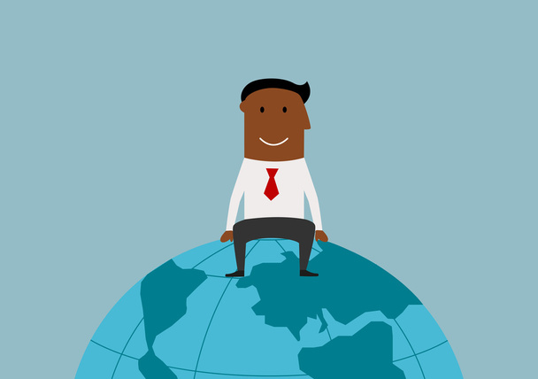 Happy businessman sitting on the earth globe - Vector, Image
