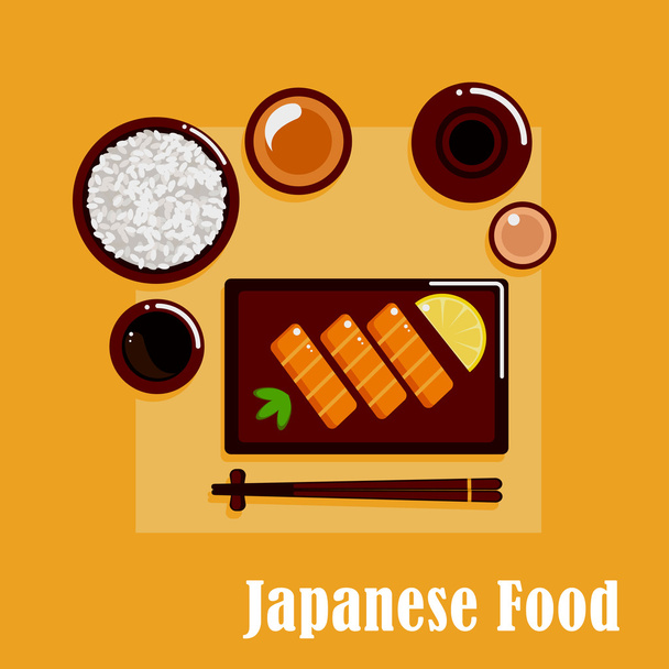 Cena de cocina japonesa con sashimi, sake y arroz
 - Vector, Imagen