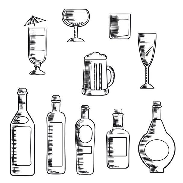 Bottles and glasses of alcohol beverages sketch - Διάνυσμα, εικόνα
