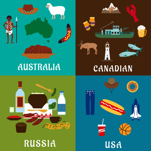 Russia, Canada, USA and Australia travel icons - Vector, imagen