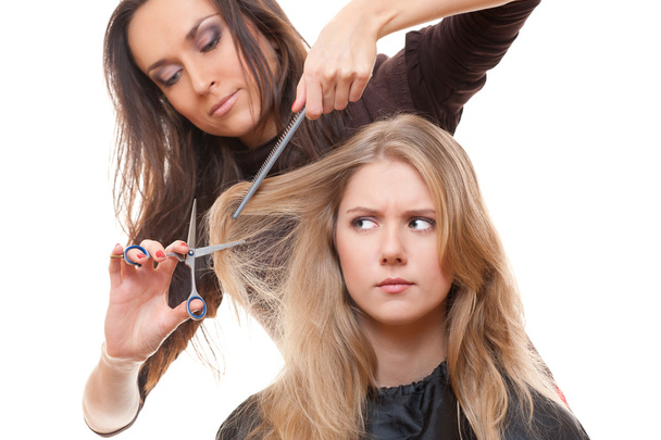Dissatisfied model in hairdressing salon - Photo, Image