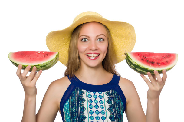 vrouw met watermeloen geïsoleerd op wit - Foto, afbeelding