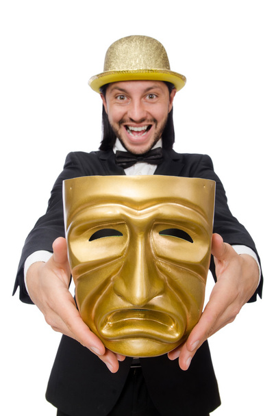 Hombre con máscara de teatro aislado en blanco - Foto, imagen