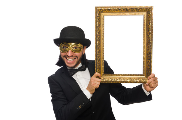 Hombre divertido con marco de imagen en blanco - Foto, Imagen