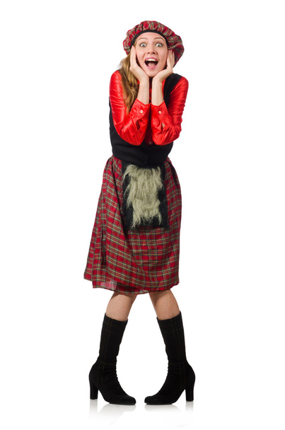Mujer divertida en ropa escocesa en blanco - Foto, imagen