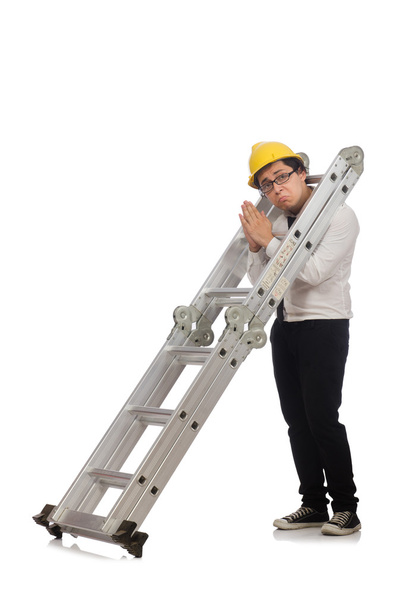 Robotnik budowlany w zabawnej koncepcji na białym - Zdjęcie, obraz