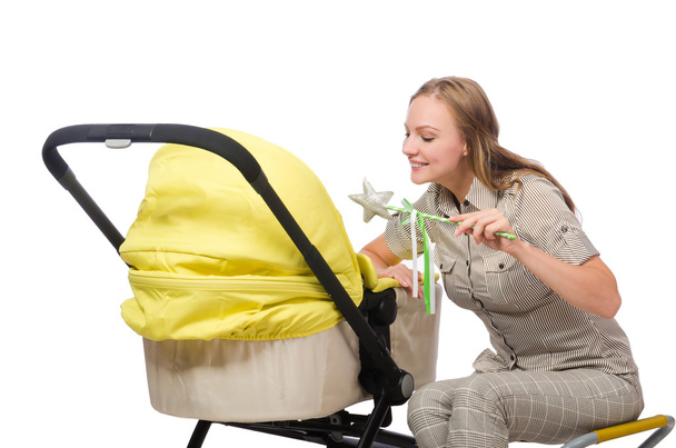 Frau mit Kinderwagen isoliert auf weißem Grund - Foto, Bild