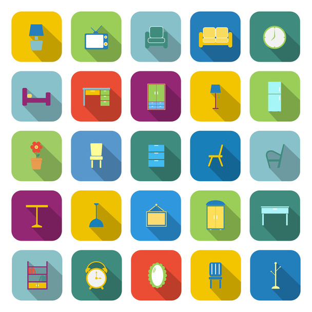 Furniture color icons with long shadow - Vector, Imagen