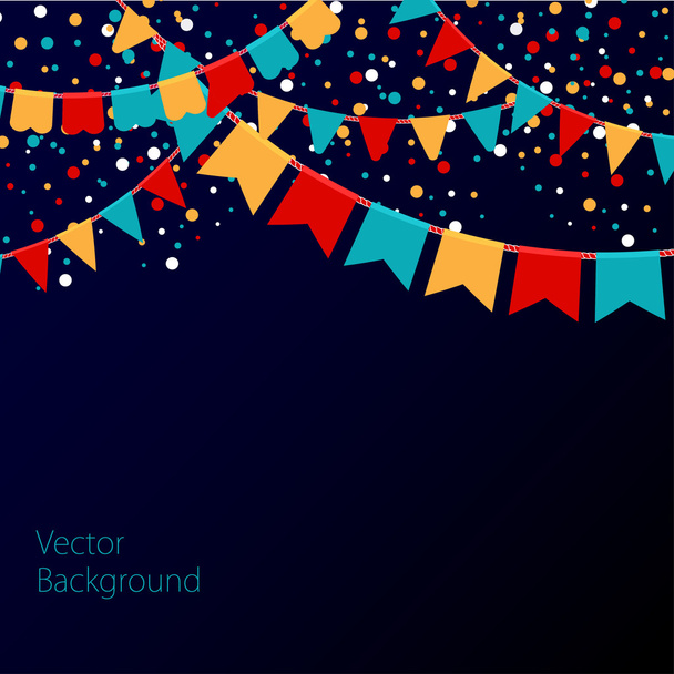 Vector illustration of night sky with colorful flags garlands. Holiday background with place for text - Vetor, Imagem