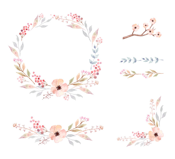 Floral Frame Collection. Set of cute watercolor flowers. - Vector, Image
