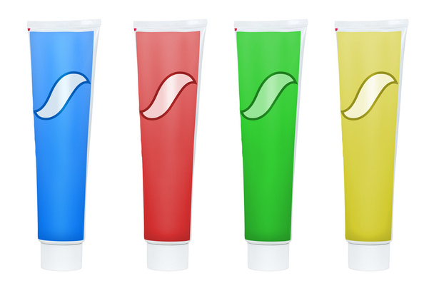 Conjunto de tubos de pasta de dientes de colores sobre fondo blanco
 - Foto, imagen
