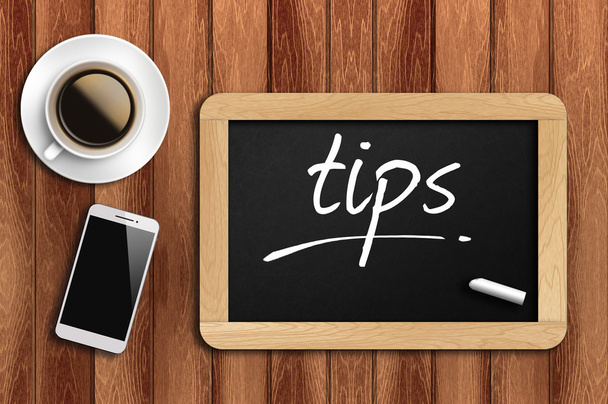Kaffee, Telefon und Tafel mit Wort-Tipps - Foto, Bild