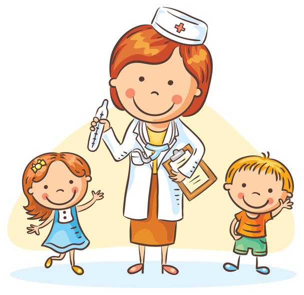 Cartoon doctor with happy little children, boy and girl - Vector, Image