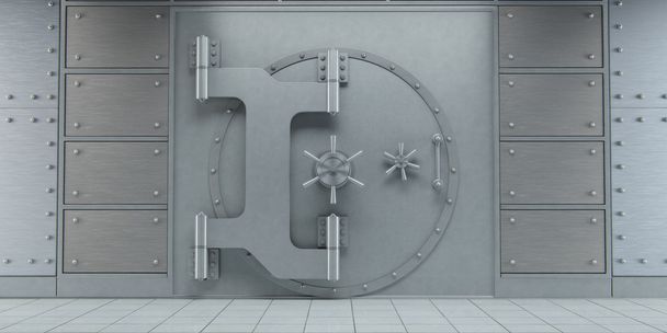 3D-рендеринг закрытых огромных дверей хранилища банка вид спереди
 - Фото, изображение
