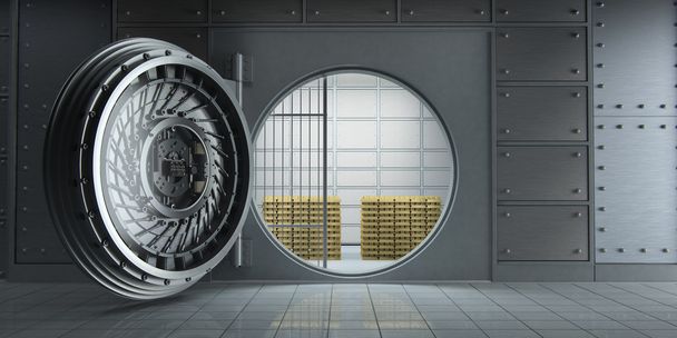 3D візуалізація відкритого величезного банківського сховища, повного золотого бару вид спереду
 - Фото, зображення