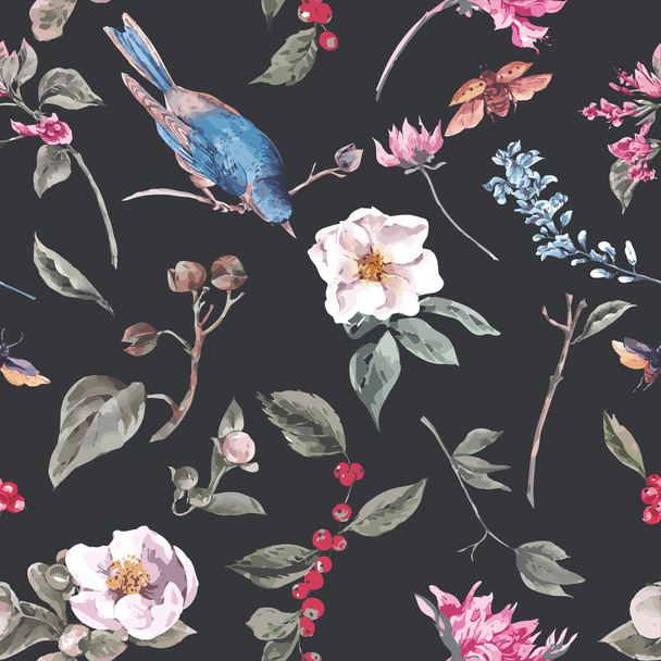 Fundo sem costura com flores cor de rosa, besouros e pássaros
 - Vetor, Imagem