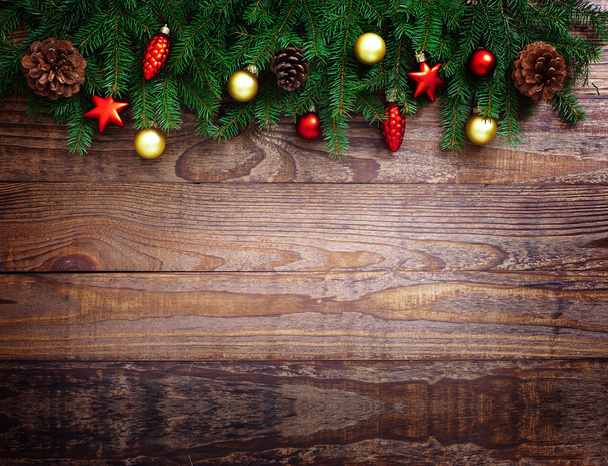 Christmas Decoration Over Wooden Background. Decorations Vintage - Фото, изображение