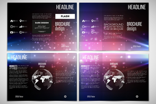 Vector set of tri-fold brochure design template on both sides with world globe element. Flashes against dark background - Vector, imagen