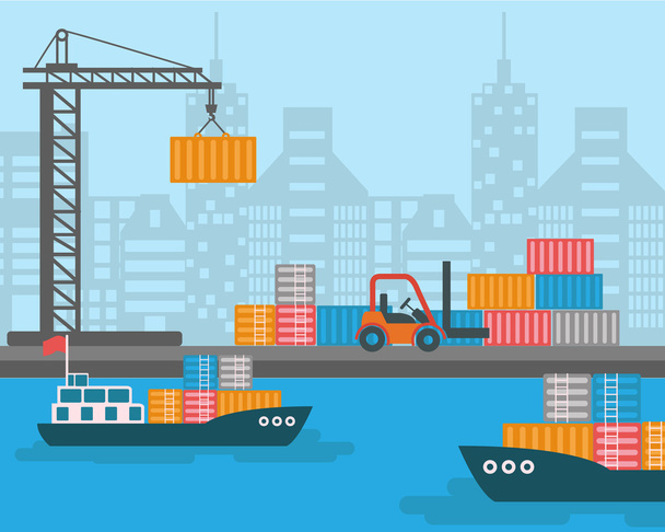 container ship at freight port terminal - Vector, Image