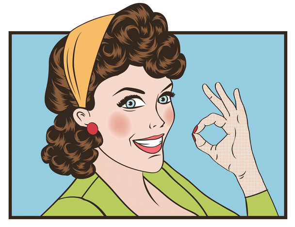 pop art söpö retro nainen sarjakuva tyyli OK merkki
 - Vektori, kuva
