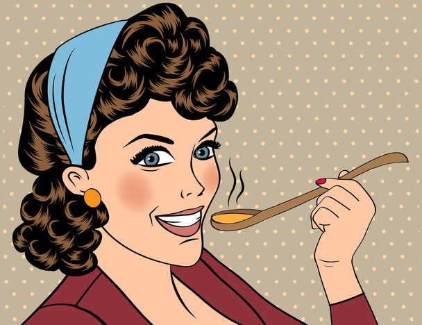 Pop Art Retro Frau mit Schürze, die ihr Essen probiert - Vektor, Bild